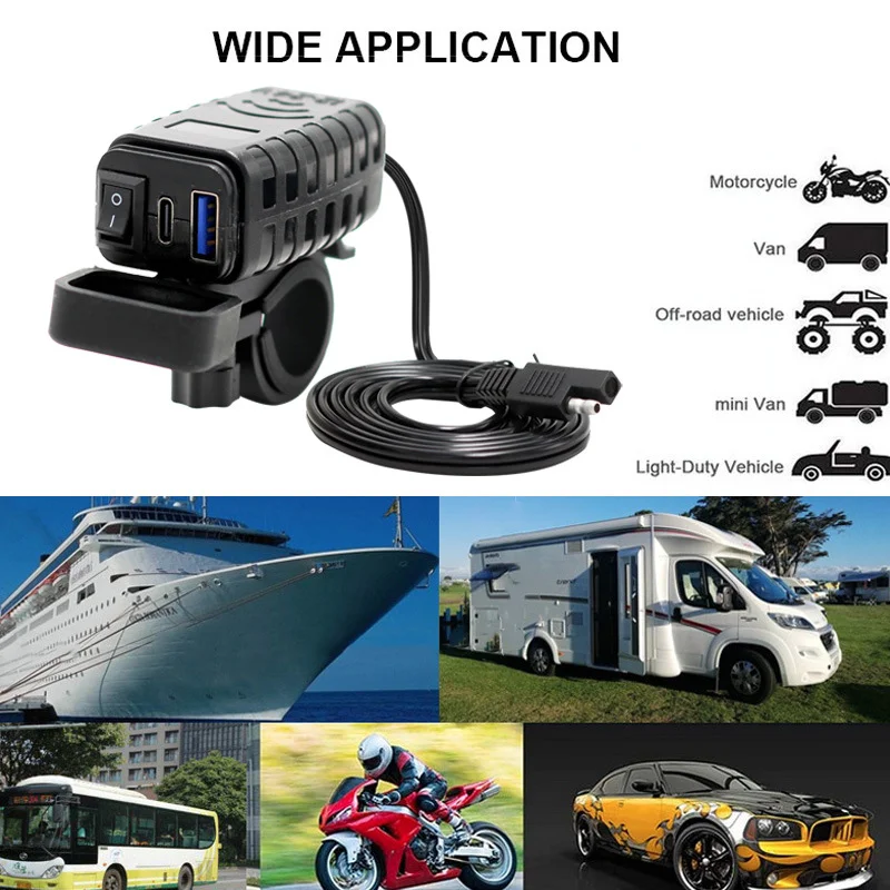 

PD+QC3.0 Motorcycle USB Fast Charger Moto Handlebar Dual USB Socket with Switch Voltmeter Waterproof 12V Power Supply Adapter