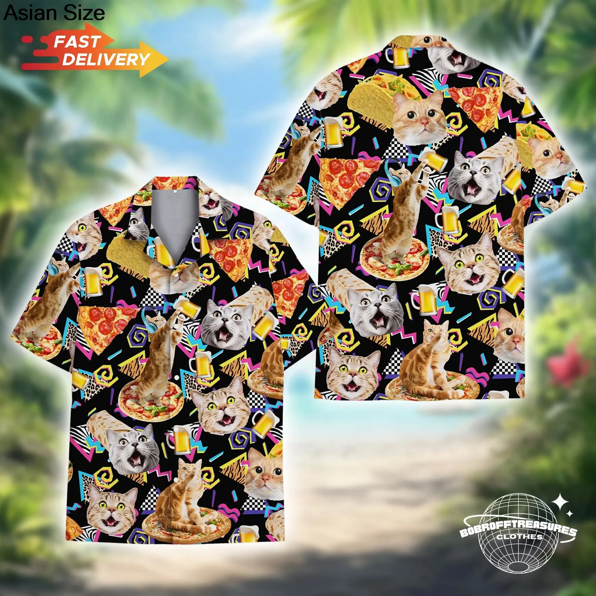 面白い動物ピザ柄ハワイアンシャツ メンズ レディース ユース ミュージック ラクーンシャツ ボタンダウン スペース パーティーシャツ 2025 バケーション アロハシャツ