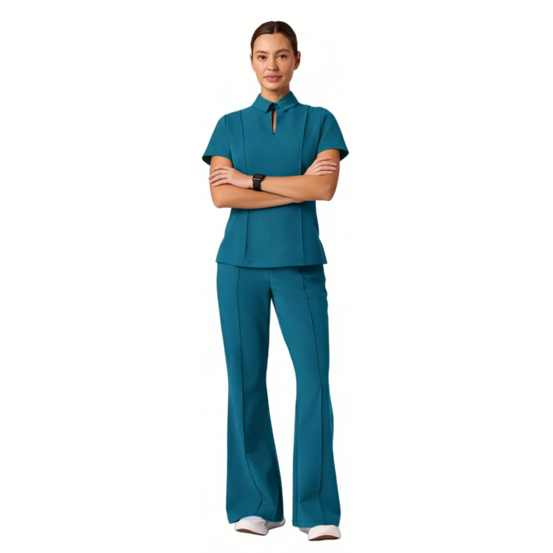 Stand Collar Keyhole Medical Scrub Set Short Sleeve Flare Pants Stretch Breathable Hospital Dental Clinic Beauty Salon Workwear