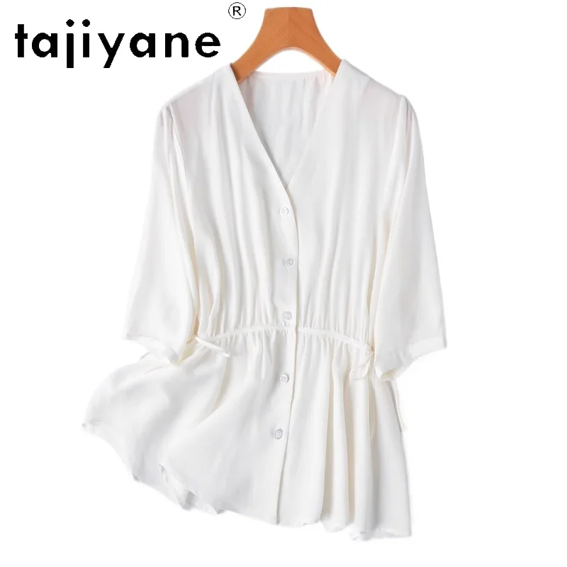 

TAJIYANE 100% Mulberry Silk Shirts Woman New Arrivals 2025 White Shirt Elegant V Neck Summer Tops Ladies Clothes Рубашка Женская