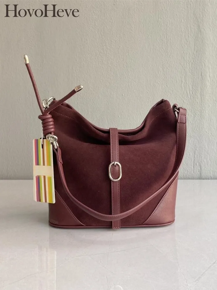 

New Women Casual Buckle Patchwork Suede Cowskin Bucket Bag Hasp Single Shoulder Bag Ladies Genuine Leather Handabg Crossbody Bag