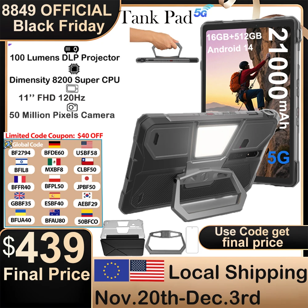 

8849 TANK PAD Unihertz Прочный проектор Планшет Смартфон 10,95 дюйма 120 Гц 16 ГБ 512 ГБ 21000 мАч 32 МП + 50 МП 66 Вт Телефон Планшет