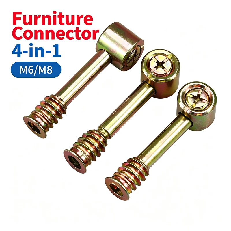 Four-in-One Hammer Bolt Eccentric Nut Kit, Furniture Panel Connector For Bed Wardrobe Cabinet Assembly M6 M8 5 Sets Pack