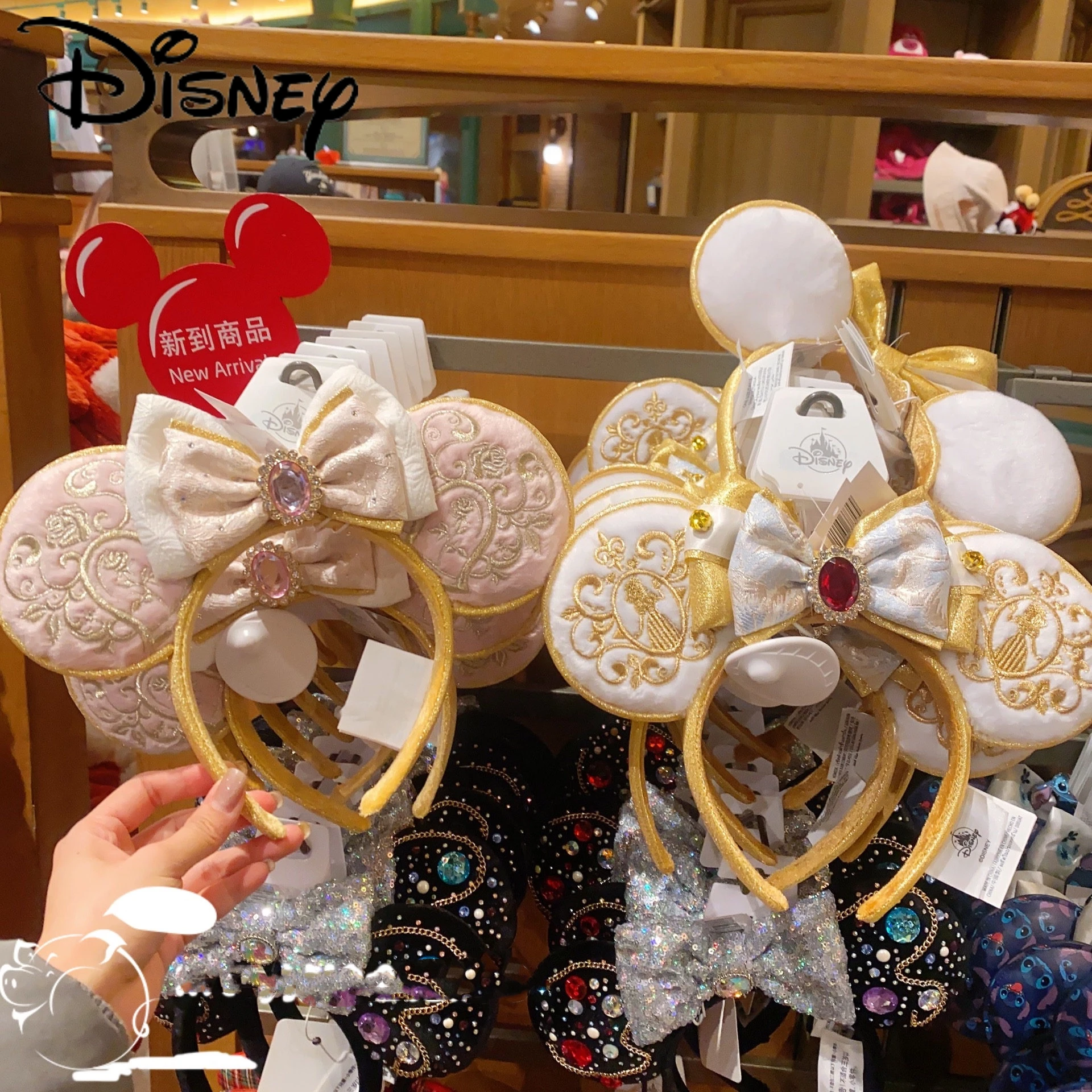 Genuine Disney Lilo& Stitch Headband Cartoon Embroidered Bow Stitch Metal Badge Shanghai Disneyland Pu Leather Mickey Headwear ﻿