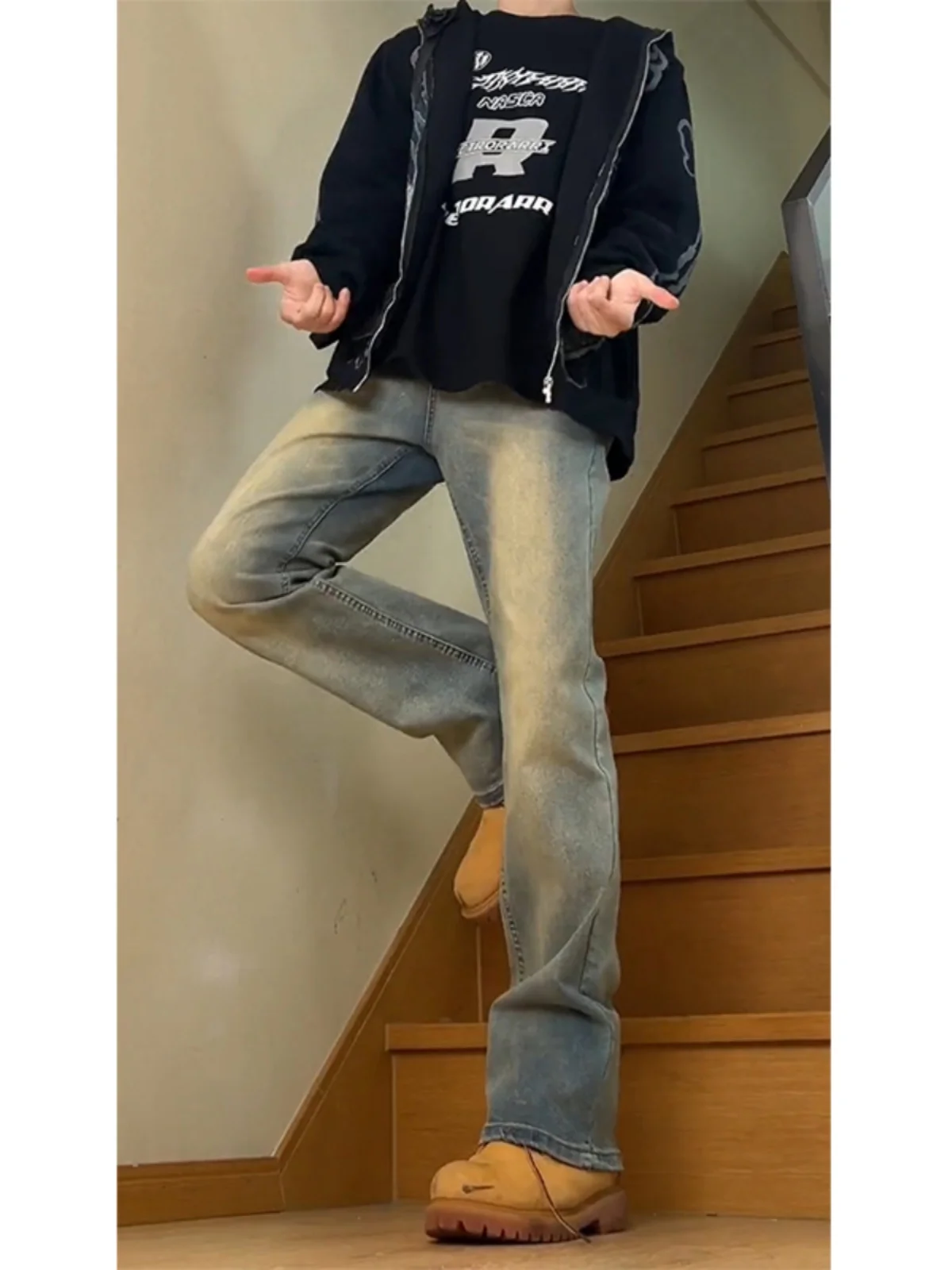 로우 웨이스트 스트레이트 레그 진 남녀공용 키 큰 사이즈 슬림핏 아메리칸 바이브 부츠컷 팬츠 블루 레트로 청바지 청소년 패션