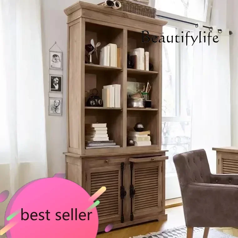 

N American-Style North American Solid Wood Oak Bookcase Storage Cabinet European-Style Antique Distressed Wine Cabinet