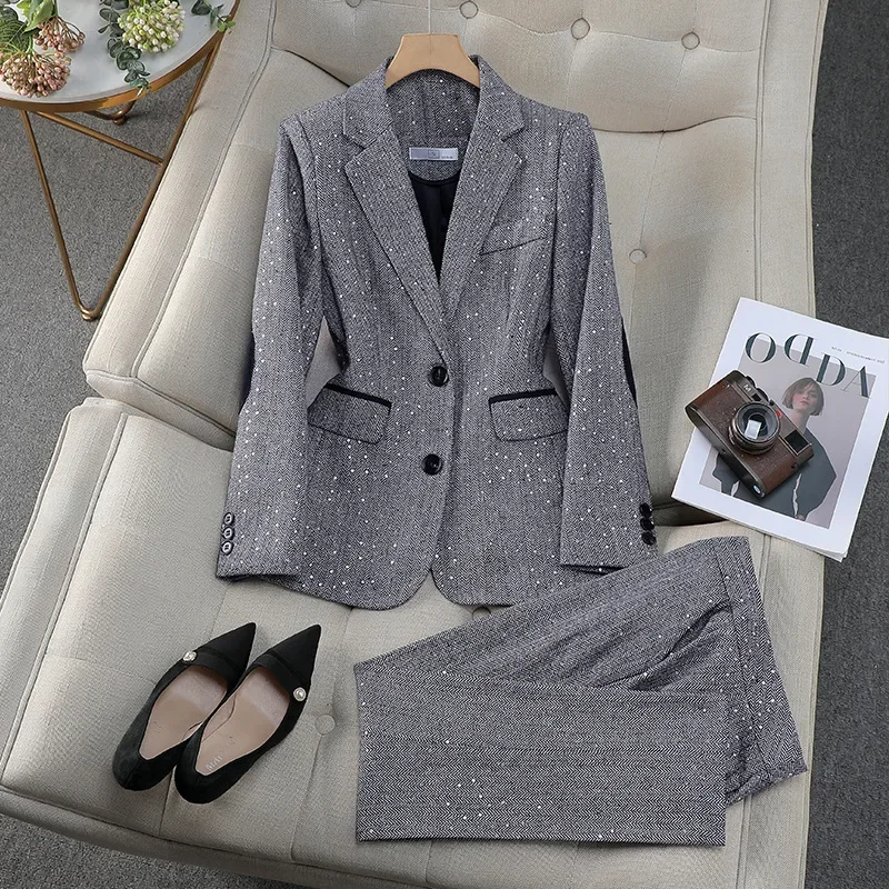 Pop High Quality Fabric Women Business Suits With Pants And Blazer Coat Professional Autumn Winter Office Ladies Pantsuits Blaze
