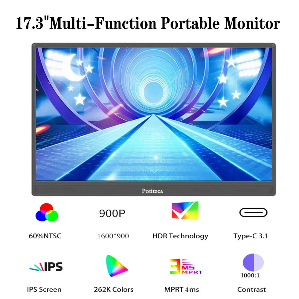 Imagem -04 - Monitor Portátil hd com Alto-falantes Embutidos Suporte Invisível Plug And Play para Jogadores de pc Laptops Telefones Celulares 17.3 Polegada