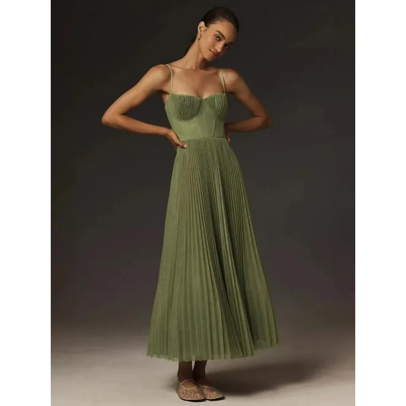 

New Spring Summer Solid Pleated Dresses Women Sexy Strapless Hollow A-Line Long Dress Casual Sleeveless Backless Zip Sling Dress