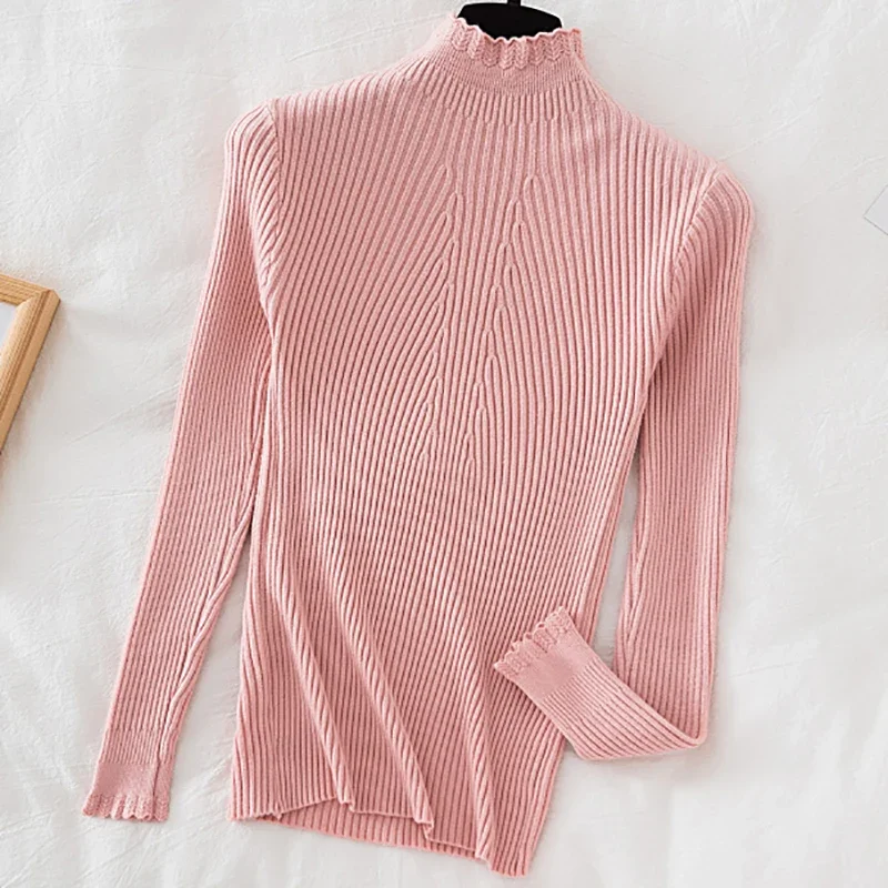 EVNISI Women Ruffles Long Sleeve Knit Pullovers Casual Bottoming Sweater Mock Neck Striped Women Sweater 2024 Autumn Winter