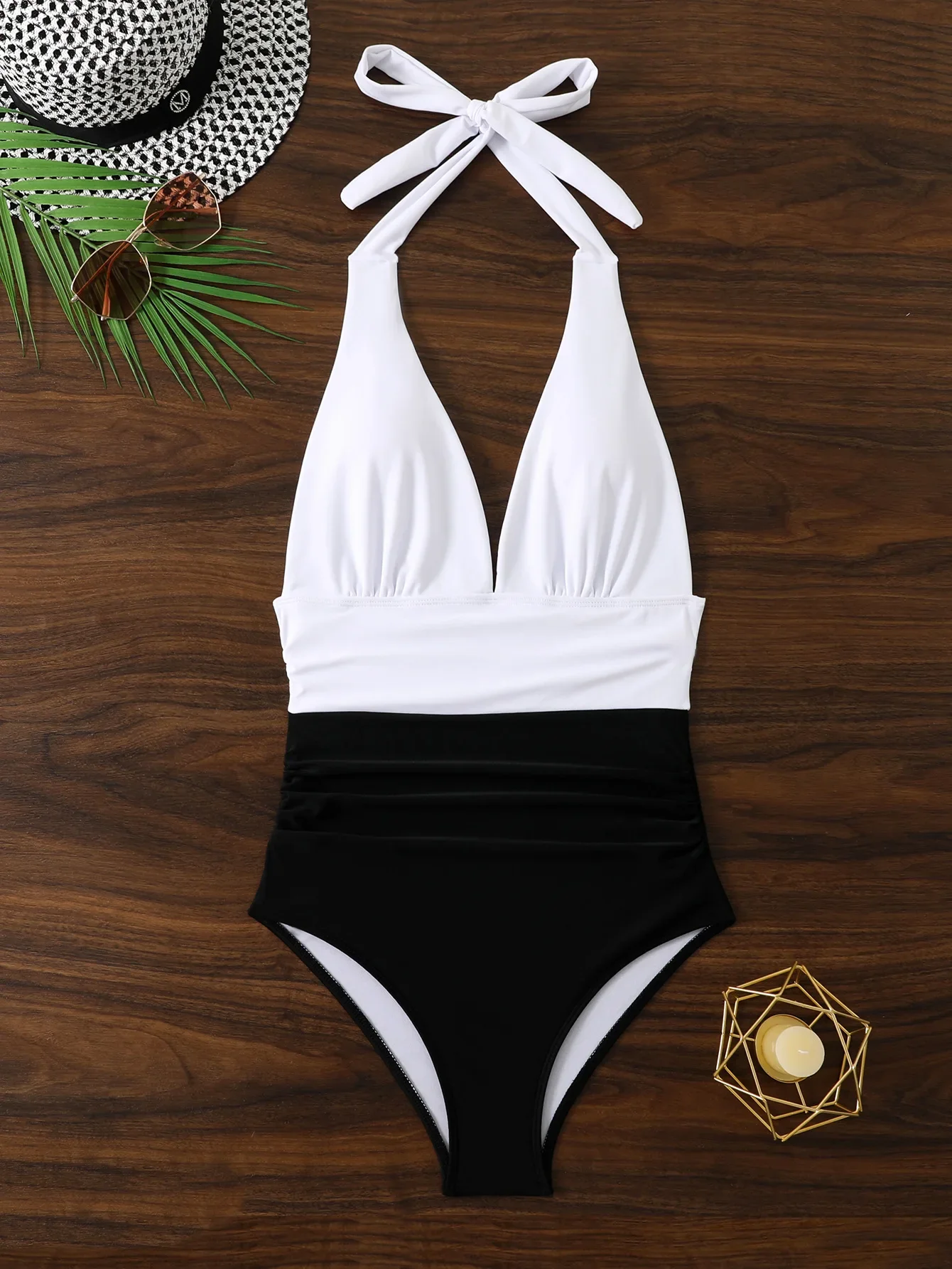 sexy patchwork swimsuit one piece halter tie backless deep v-neck Bikinis Swimwear Swimsuits beach outfits bodysuit biquini