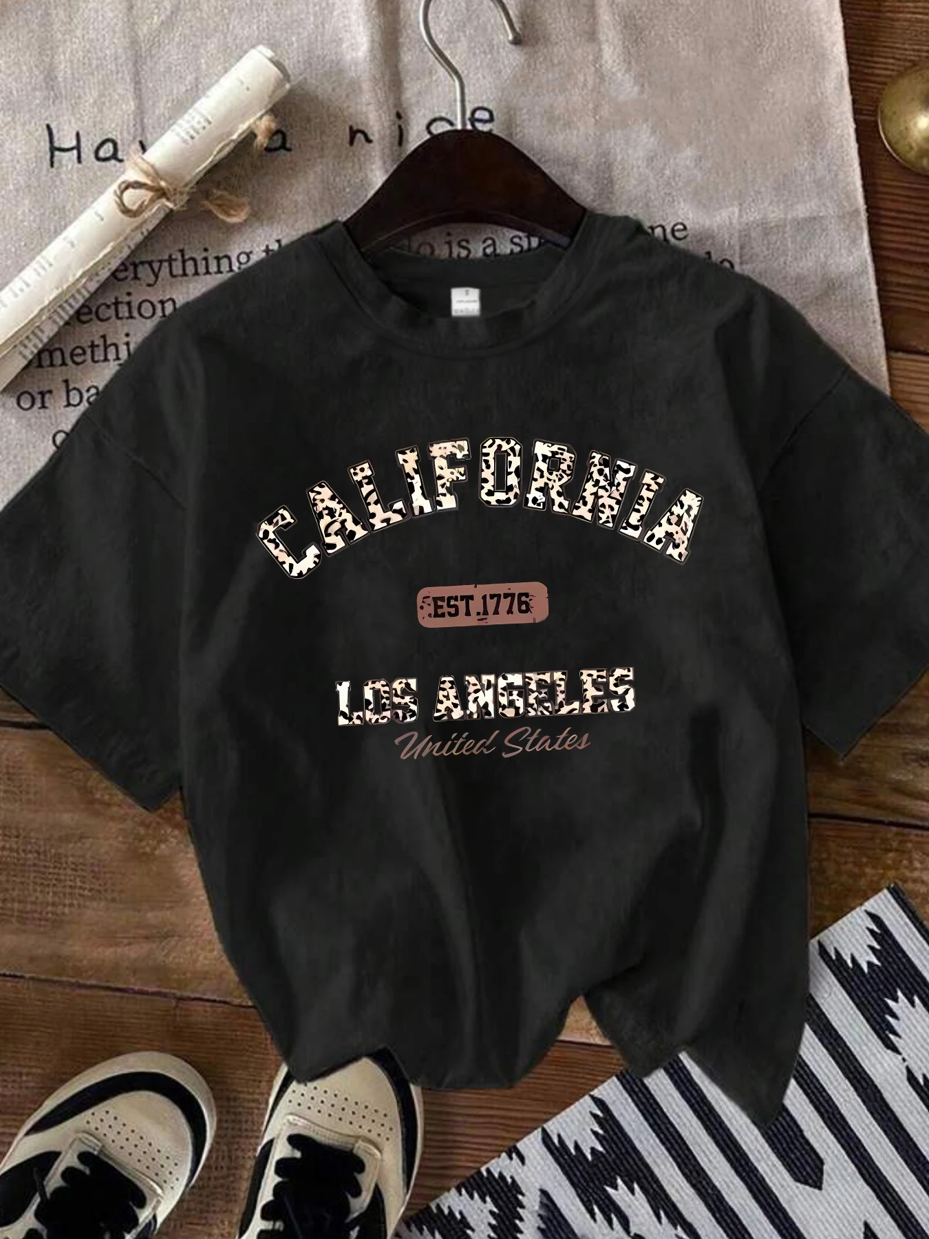 

CALIFORNIA LOS ANGELES leopard print letter pattern women short sleeved summer T-shirt casual plus size women clothing