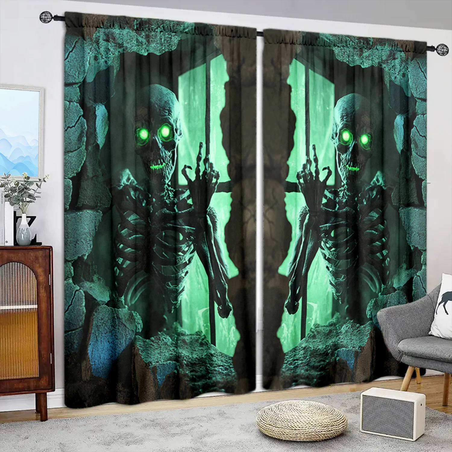 Spooky Skeleton Zombie Horror Curtain Gothic Window Drapes Scary Halloween Haunted House Party Room Decoration