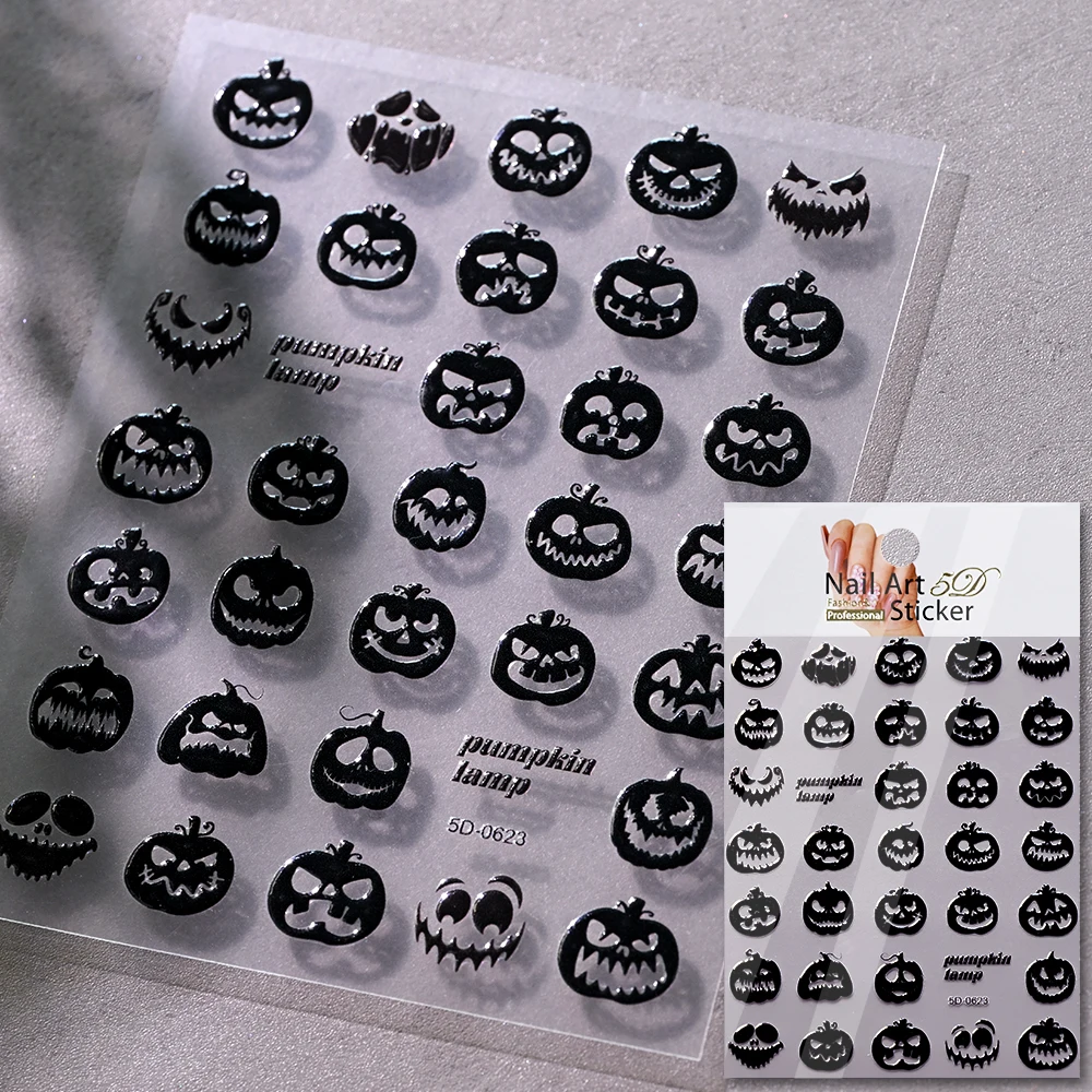 1 Stück 5D Schwarze Halloween-Spinnen-Nagelaufkleber mit verschiedenen Designs: Fledermaus/Geistergesicht/Kürbis/Totenkopf, selbstklebende Slider, DIY-Nagelzubehör