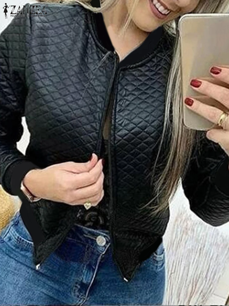 ZANZEA Women Pattern Jacket 2024 Autumn Long Sleeve Short Coats Vintage Zipper Round Neck Outwears Casual Loose Baseball Jacket