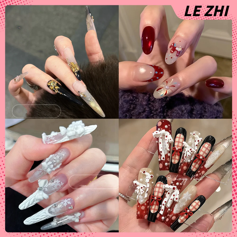 

10Pcs Sweet Lovely Long Coffin Stilettos Handmade Wearable Press On Nails Snowflakes Bowknot Flower Diamond Pearl Fake Nails
