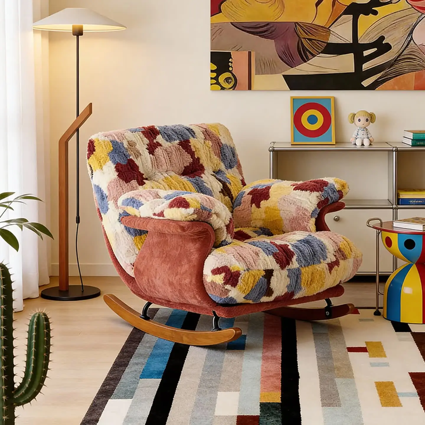 Dopamine Wind Rainbow Fleece Rocking Chair Apartment Study Reading Reclining Chair Bedroom Area Single Sofa Chair view 5