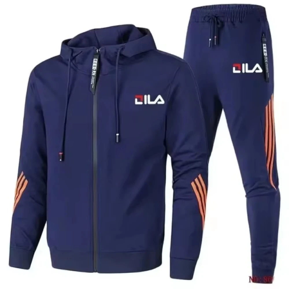 Fashion Tracksuit Men Zipper Cardigan Jacket+Sweatpants Stripe Running Fitness Basketball Suit Autumn New Jogging 2 Piece Set