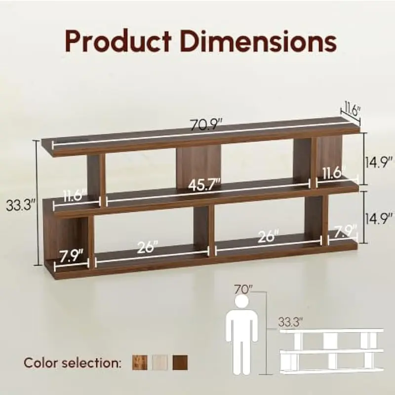 71 inch wide low-profile tiered shelf unit with three open storage levels and built-in power outlet for living room or home offi