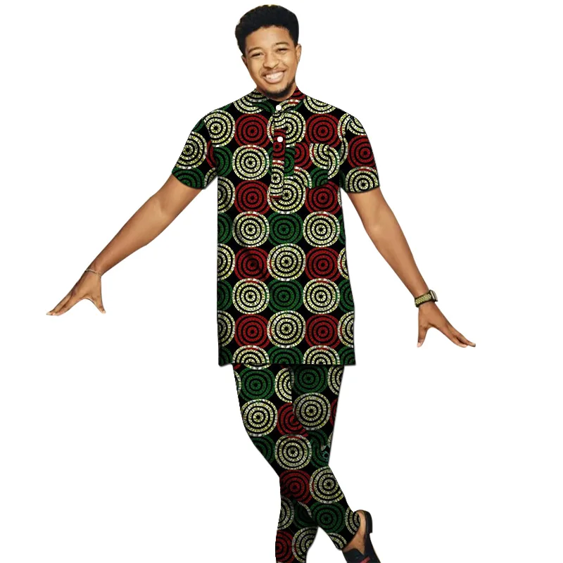 Ropa con estampado africano para hombre, camisas y pantalones con cuello Henry, conjuntos de pantalones personalizados, moda nigeriana, trajes