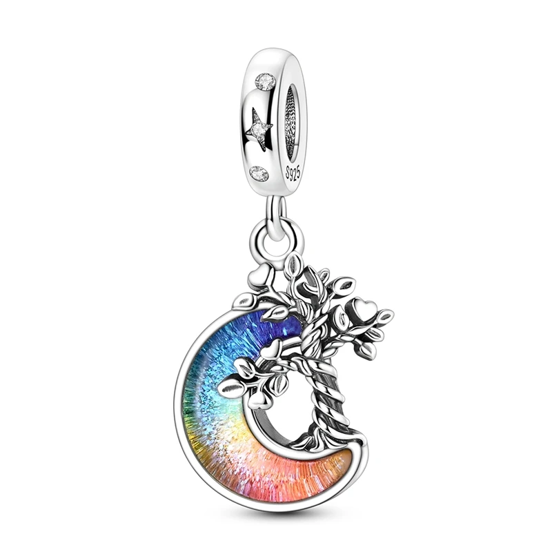Rainbow Crescent Moon Tree of Life Dangle Charm 925 Sterling Silver Hope Family Bond Blessing Pendant Fit Bracelet Jewelry Gift