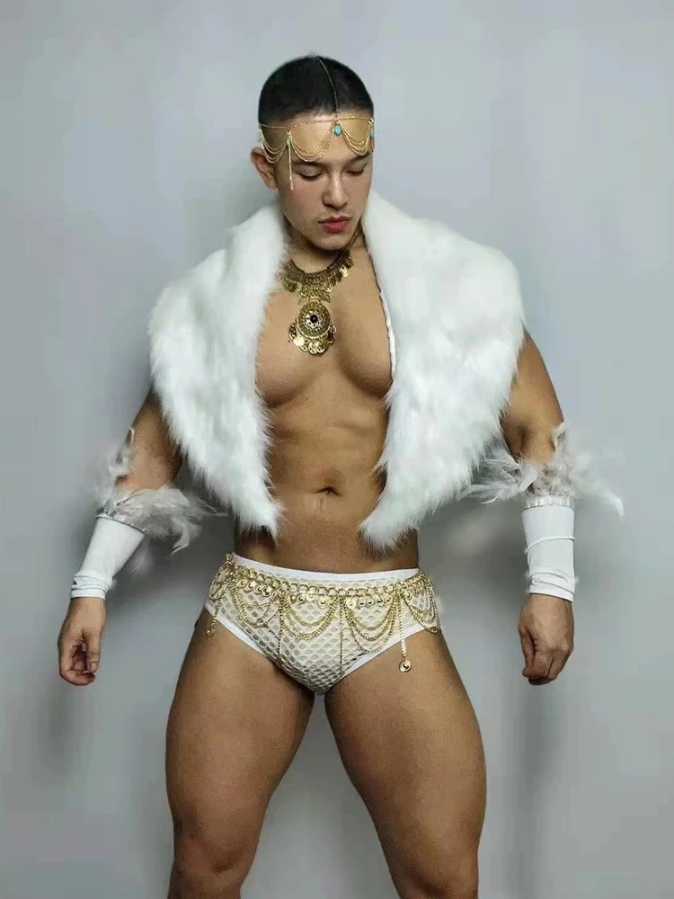 Men gogo Nightclub Costume Male Dance Team Bar Sexy Stage Wear White Faux Shawl Shorts Rave Outfits Show Festival Cloth