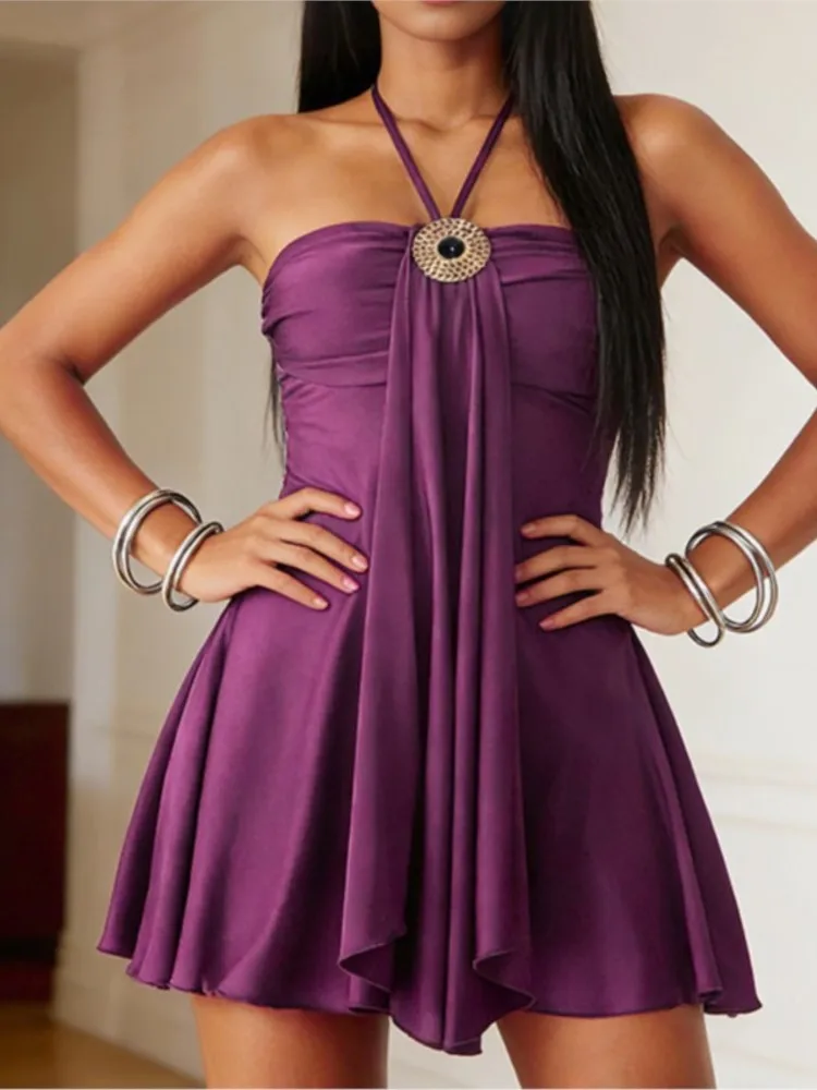 Robe Sexy Femme avec Boucle Métallique, Robe Amincissante Élégante sans Manches, Couleur Unie, Col Halter, Extensible, Chic, pour Soirée, Club, Mini Bodycon
