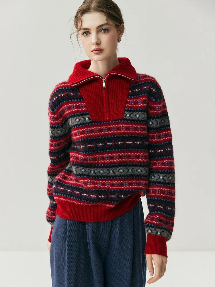 Luxury 100% Cashmere Women Sweater Pullover Autumn Winter Warm Zip Lapel Tops Loose Clothes Vintage Knit Transverse Twist Flower