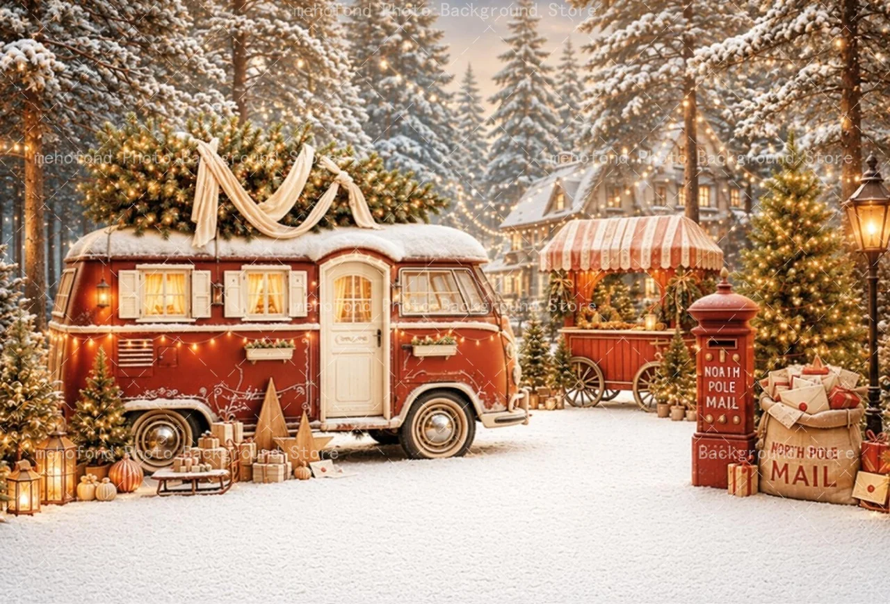 Mehofond Christmas Train Winter Snow Photography Amusement Park Retro Clock Kid's Birthday Family Festival Portrait Background