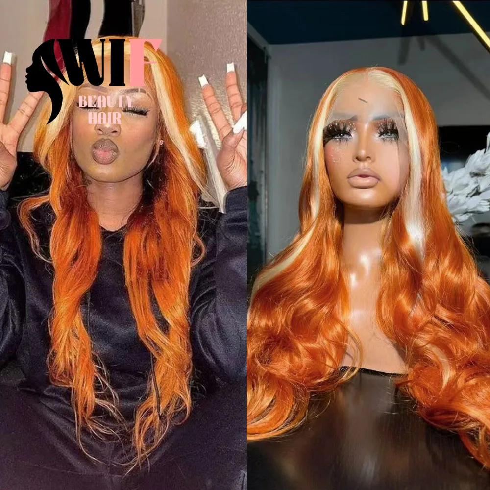 

WIF Blonde Highlight Orange Cosplay Wig for Women Body Wavy Long Hair Heat Resistant Lace Front Wigs Highlight Straight Hair