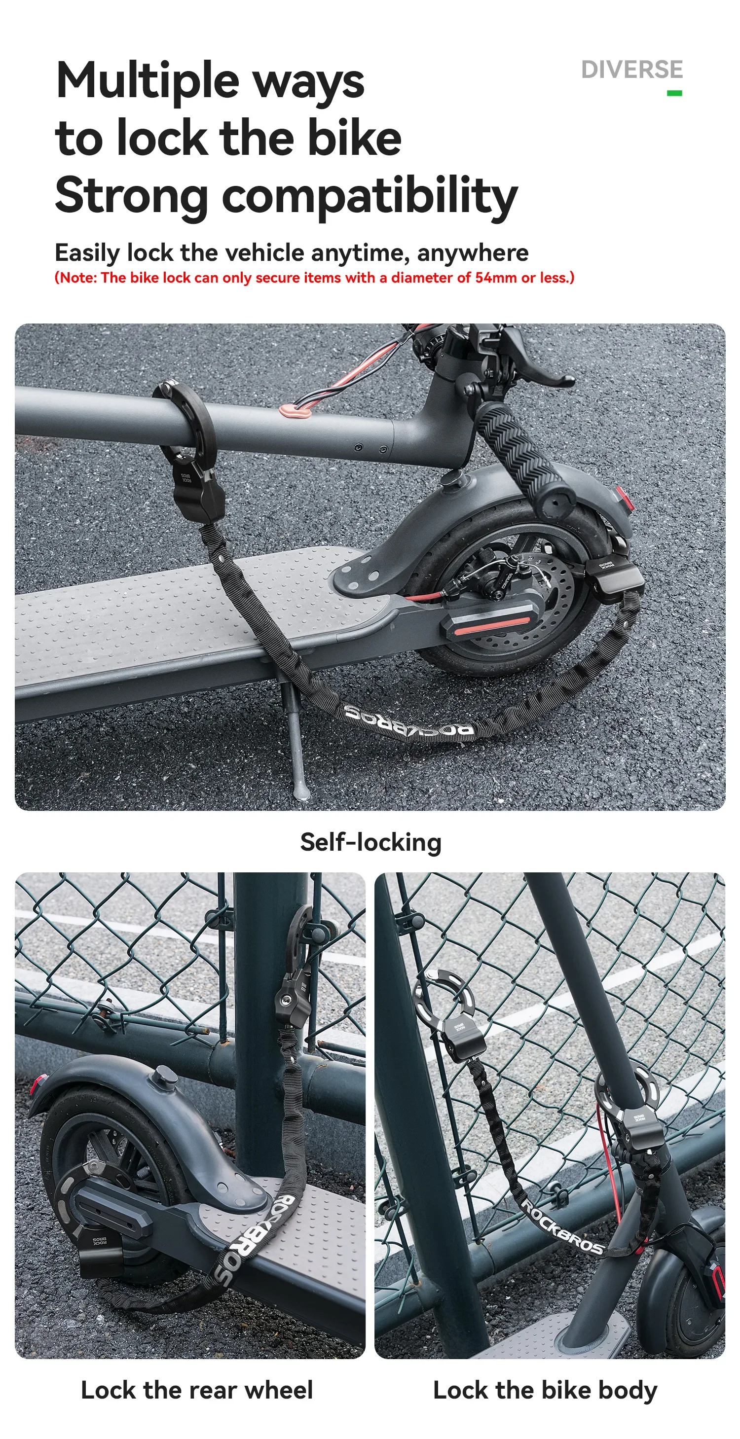 ROCKBROS Lokaler Versand Fahrradschloss Diebstahlschutz Roller Motorräder Schloss Zinklegierung Schließzylinder Kettenschloss Fahrradschlösser Sicheres Zubehör – Detail 5