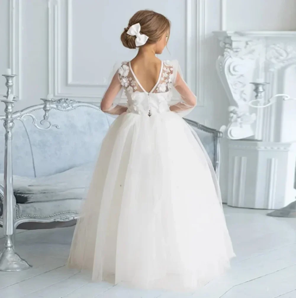 

Flower Girl Dresses For Wedding Appliques Floral Kids Quinceanera Birthday Party First Communion Prom Gown