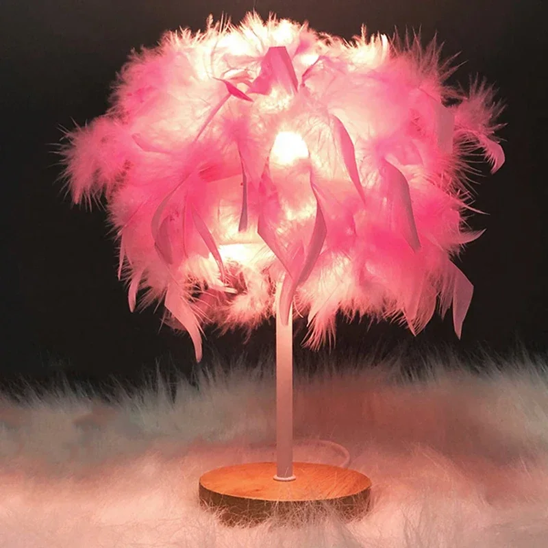 Switch Plug-in Nordic Light Luxury Feather Table Lamp Bedroom Bedside Lamp Creative Gift Decoration Net Red Button Night Light