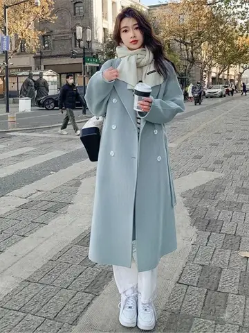 여성을위한 솔리드 레이스 업 긴 모직 코트 한국 느슨한 패션 더블 브레스트 옷깃 칼라 여성 가을 겨울 오버 코트 새로운
