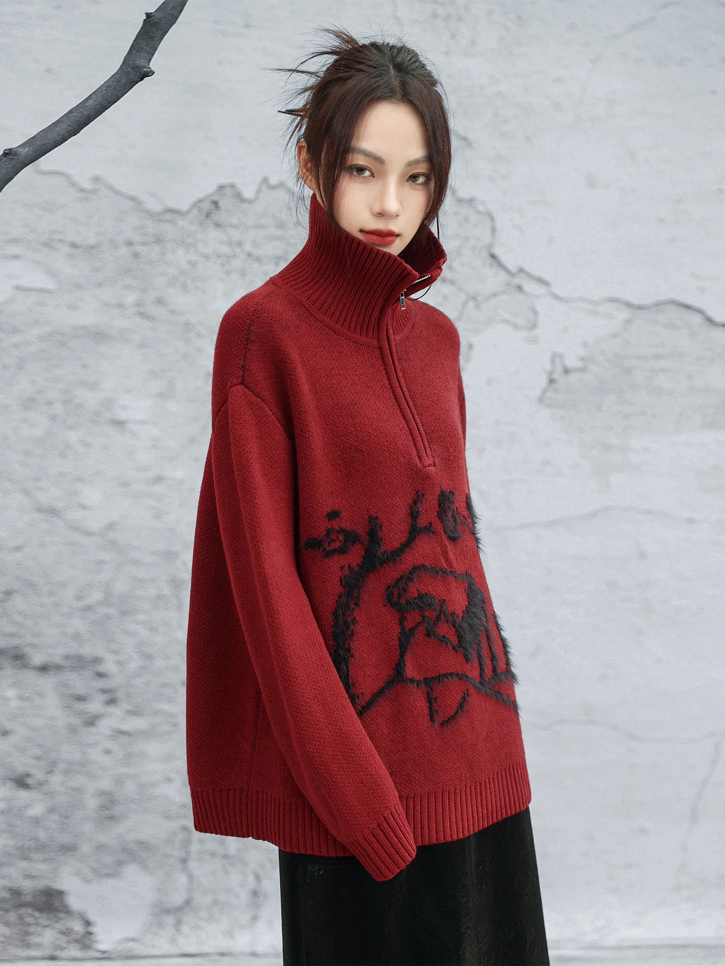 

Красно-коричневый свитер с высоким воротником, женский, свободного кроя, винтажный, с длинными рукавами, на металлической молнии, повседневный топ для зимы