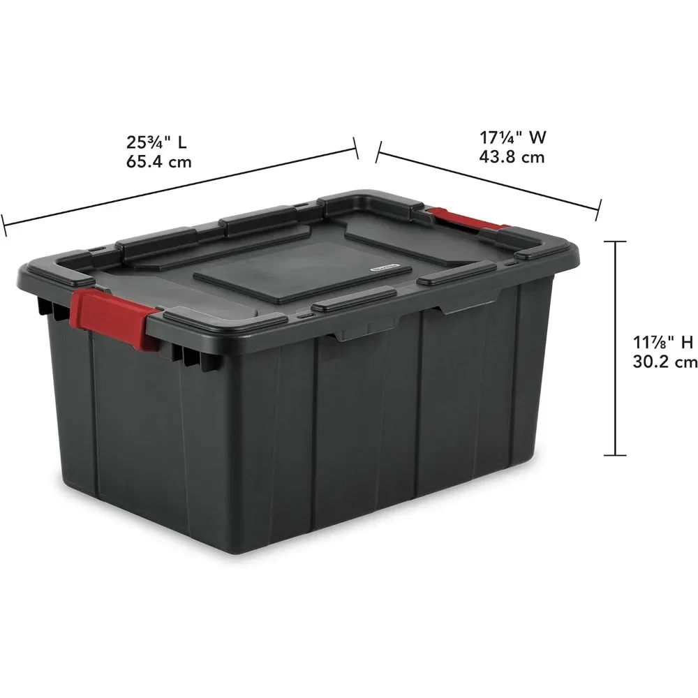 15 Gal Industrial Tote, Stackable Storage Bin with Latching Lid, Plastic Container with Heavy Duty Latches, Black Base and Lid