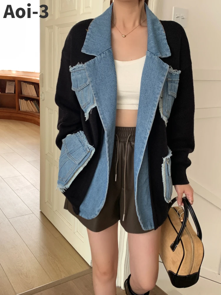 Fashion Commuter Denim Stitching Coat Women\'s 2023 Autumn Winter New Loose Casual Knitted Cardigan Multi-Pocket Lapel Sweater