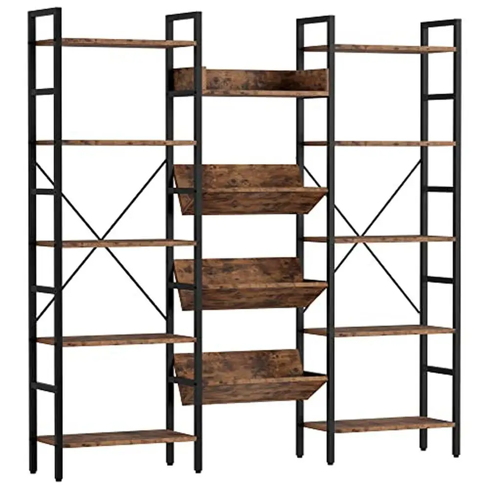 5-Tier Industrial Bookcase with Adjustable Shelves Iron Frame and MDF Board Wall Mount Rectangular Display Rack Triple Wide Open