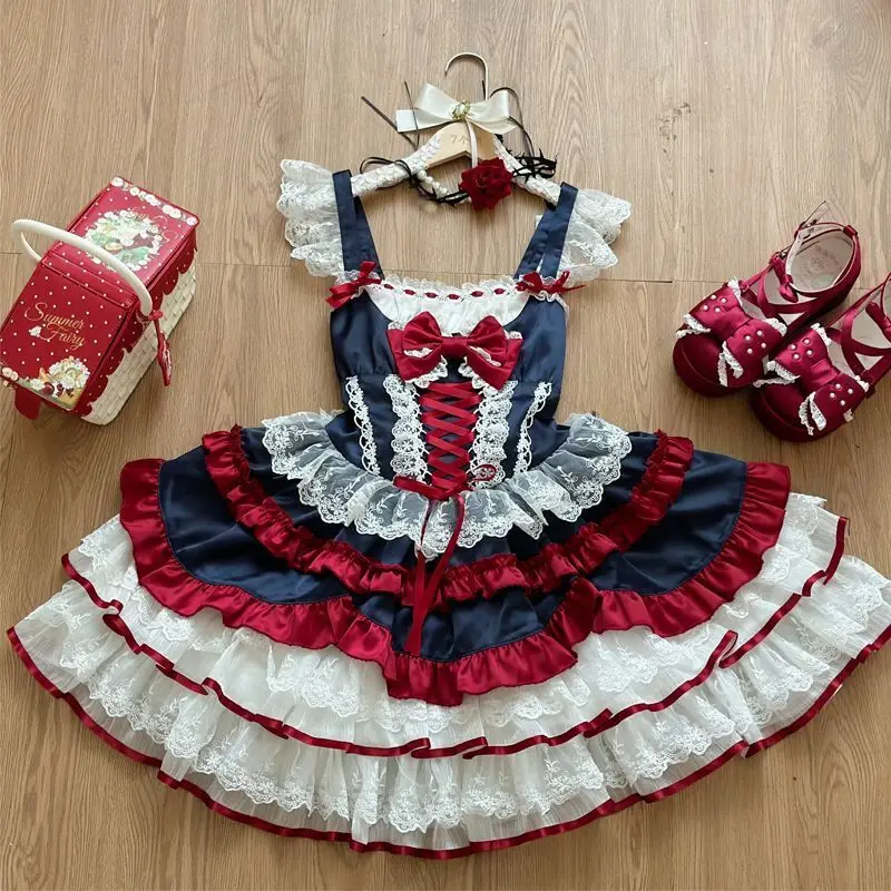 Sweet Lolita Style Cartoon Print Princess Dress Women Cute Bow Lace Party Strap Dresses Girly Harajuku Kawaii Y2k Mini Vestidos