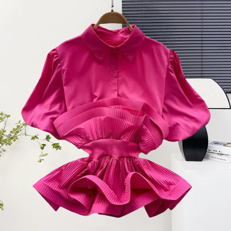 

Bubble sleeve head solid color slimming fashion pleated ruffle edge splicing waist cinching short sleeved shirt