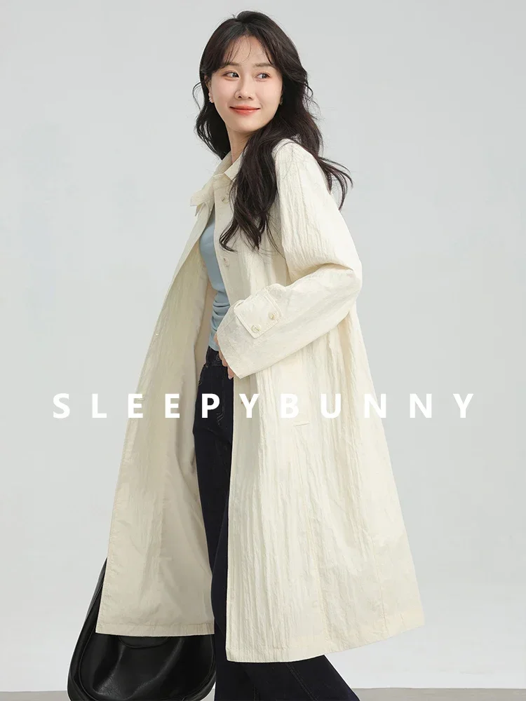 Wrinkled Double Cuff Belted Sleeve Trench Coat Women Loose Fit Lapel Collar Outerwear 2025 Casual Mid-Length Stylish Overcoat