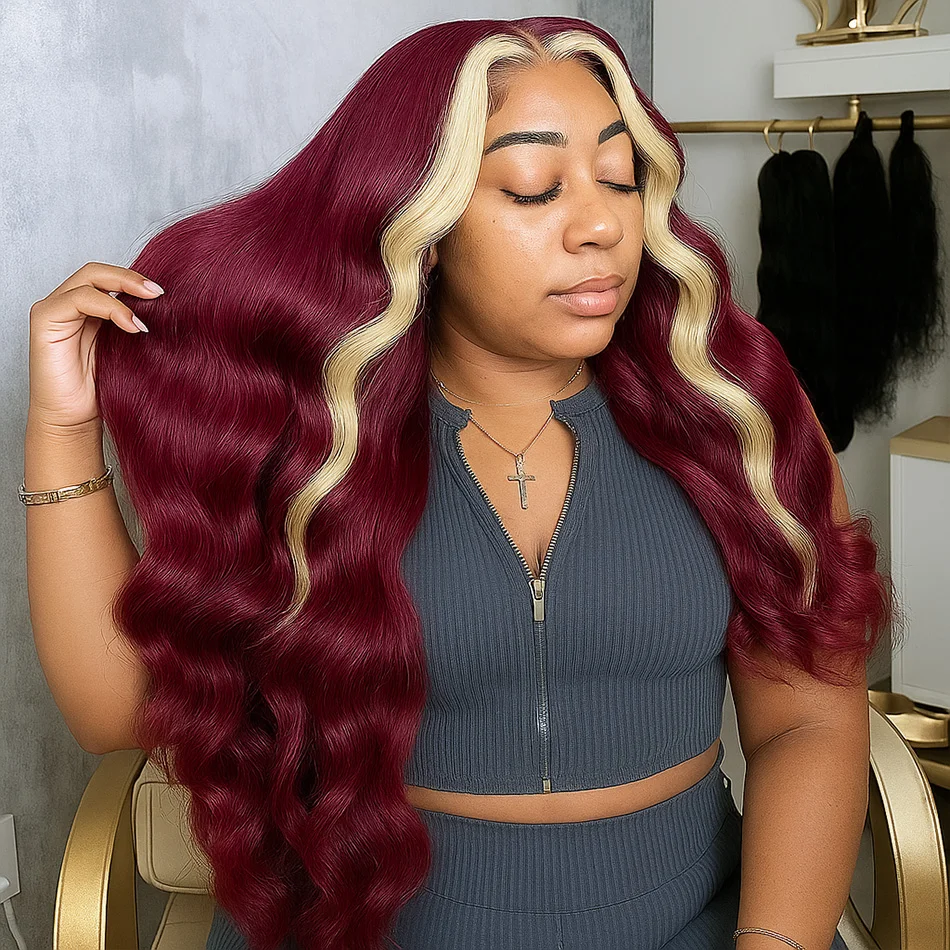 

Обновление 99J/613 Выделенный парик 13X4 Объемная волна Парики из натуральных волос на кружеве спереди Блондинка с бордовым красным бликами Прозрачный парик на шнурке