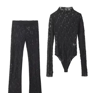 بمبس TRAFZA-Slim للنساء ، بلوزة ، بنطلون عالي الخصر ، دانتيل زهري ، بدلة شفافة ، ملابس Y2K ، سيدة مثيرة أفضل 12 بدلة رياضية للنساء من عشاري المبيعات - رقم 10