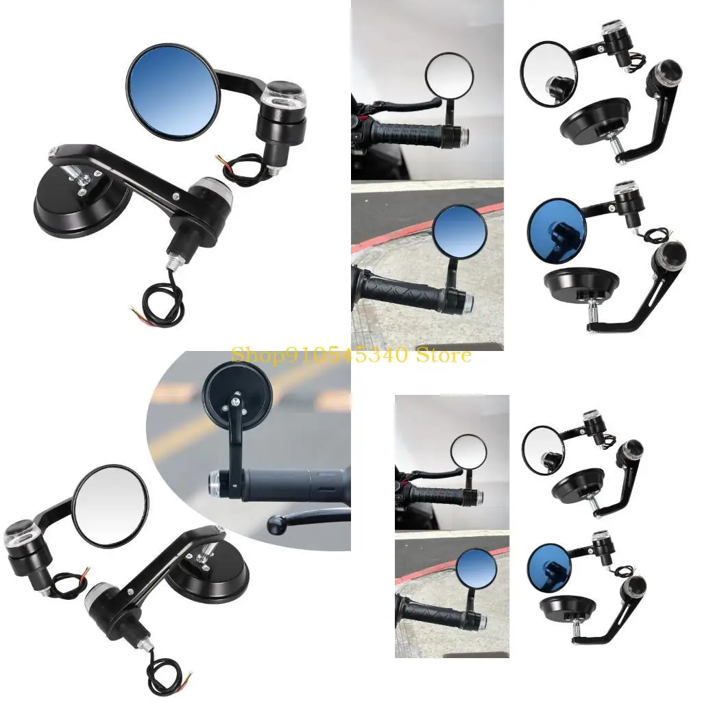 U2JA Round Motorcycle Mirror Pair with Light Housings, 7/8 Inch Bar End Mount for Daily Road Use and Garage Repairs