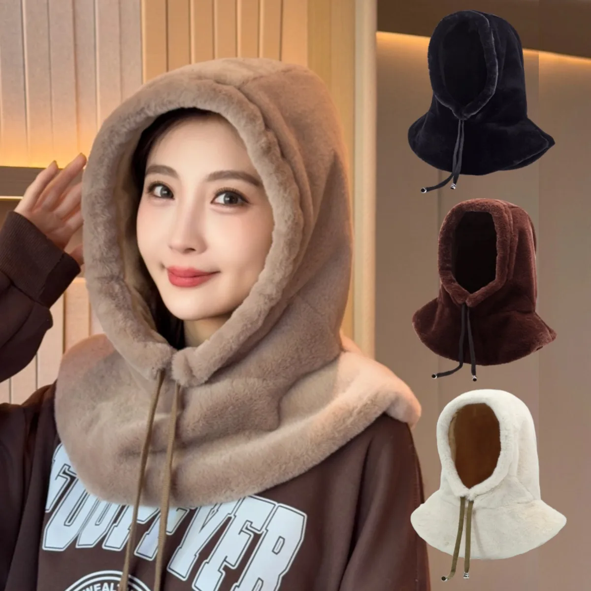 

Fur Cape Scarf Hood Winter Warm Hat for Women Thick Fleece Ear Protection Fashion Scarf Integrated Cold Weather Outdoor