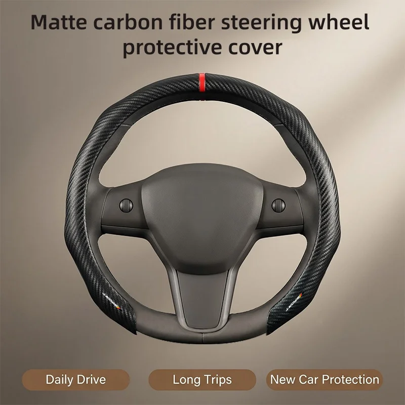 German Sports-Style Matte Carbon Fiber Texture Steering Wheel Cover with Red Return-to-Center Mark 1 Piece, Comfortable Grip, Se
