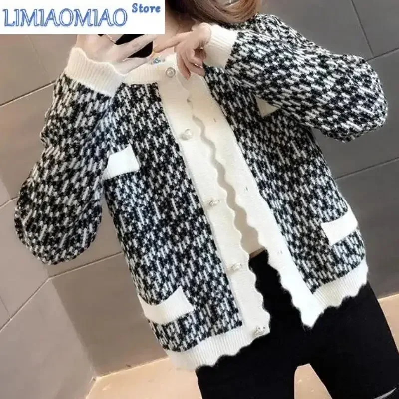 

All-match Autumn Winter Contrast Color Lantern Long Sleeve Button Pocket Women's Clothing Sweater Knitted Cardigan Elegant Tops