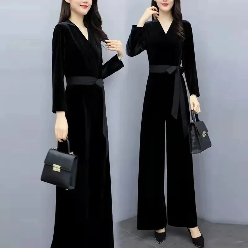 Women\'s Fashion Jumpsuit 2024 Spring New Slim Fit Jumpsuit Wide Leg Pants Black Women\'s Clothing