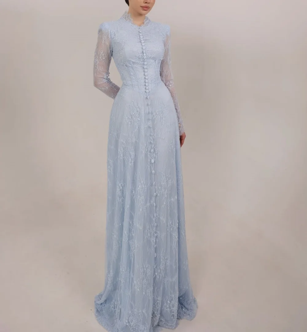 Customized Lace Long Sleeves Wedding Party Dress for Banquet Button A-line Floor-length Formal Evening Gowns High Quality