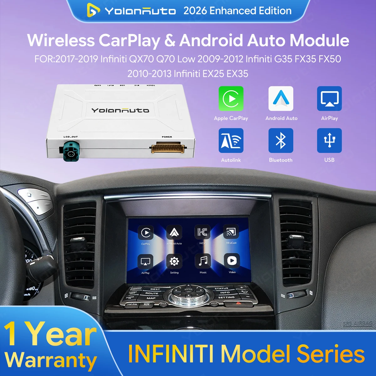 YolanAuto Wireless Carplay Wireless Android Auto for Infiniti 2009-2019 QX70 Q70 Low G35 FX35 FX50 EX25 EX35 Support GPS Airplay